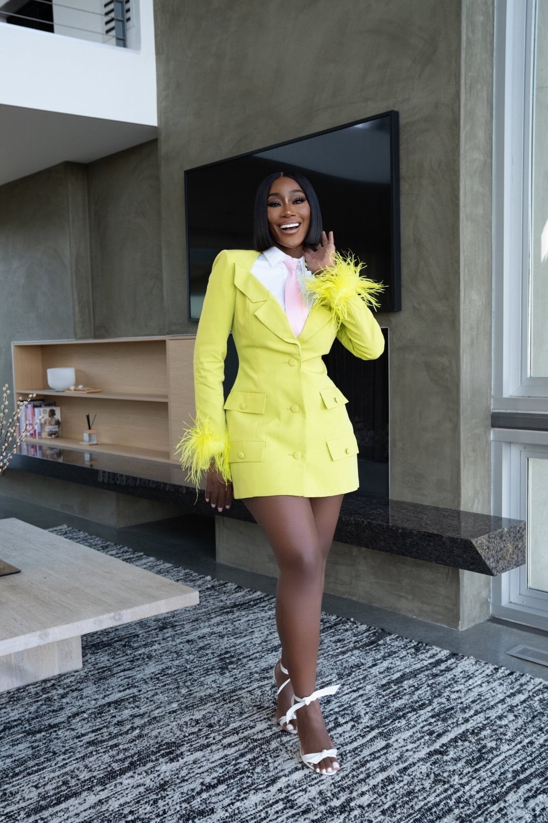 Lime Blazer Dress with Feather Trim and Collared Shirt Lime Blazer Dress with Feather Trim and Collared Shirt — Classy Lime Dress