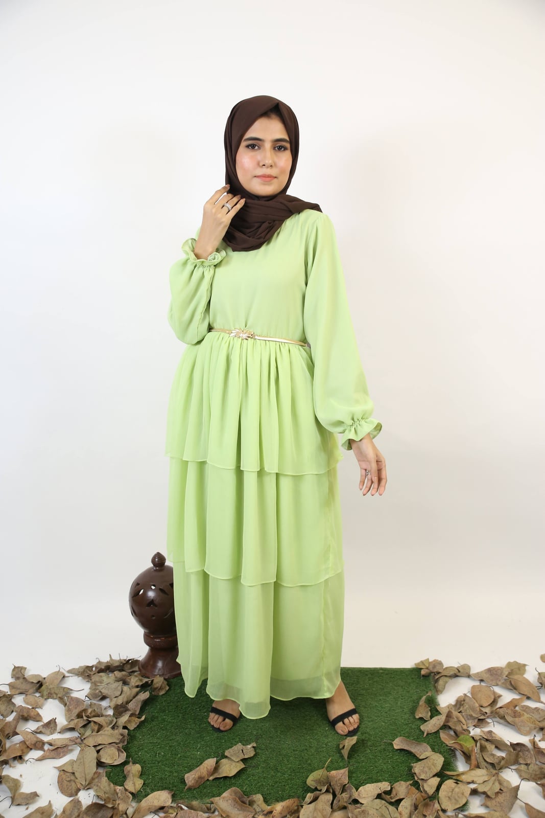 Lime Chiffon Maxi Dress with Tiered Skirt and Long Sleeves Lime Chiffon Maxi Dress with Tiered Skirt and Long Sleeves — Classy Lime Dress