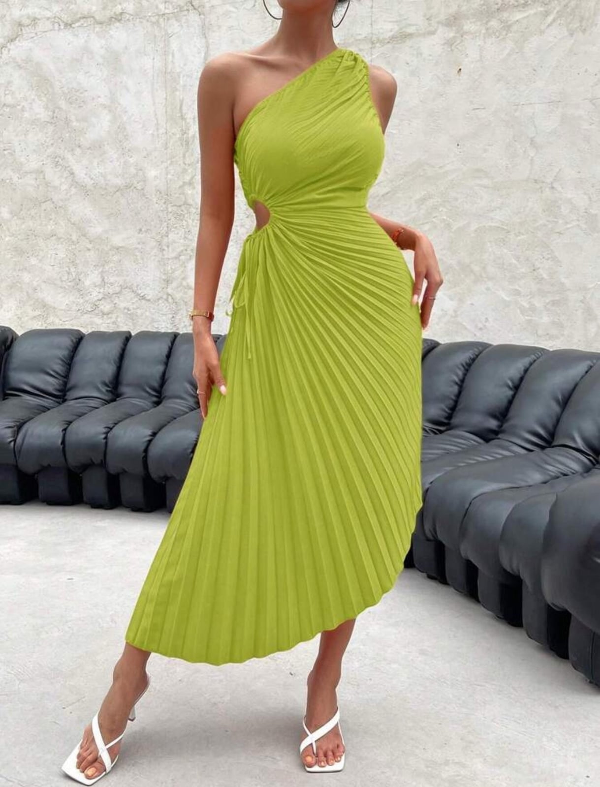 Lime Pleated Midi Dress with One-Shoulder and Cutout Lime Pleated Midi Dress with One-Shoulder and Cutout — Classy Lime Dress
