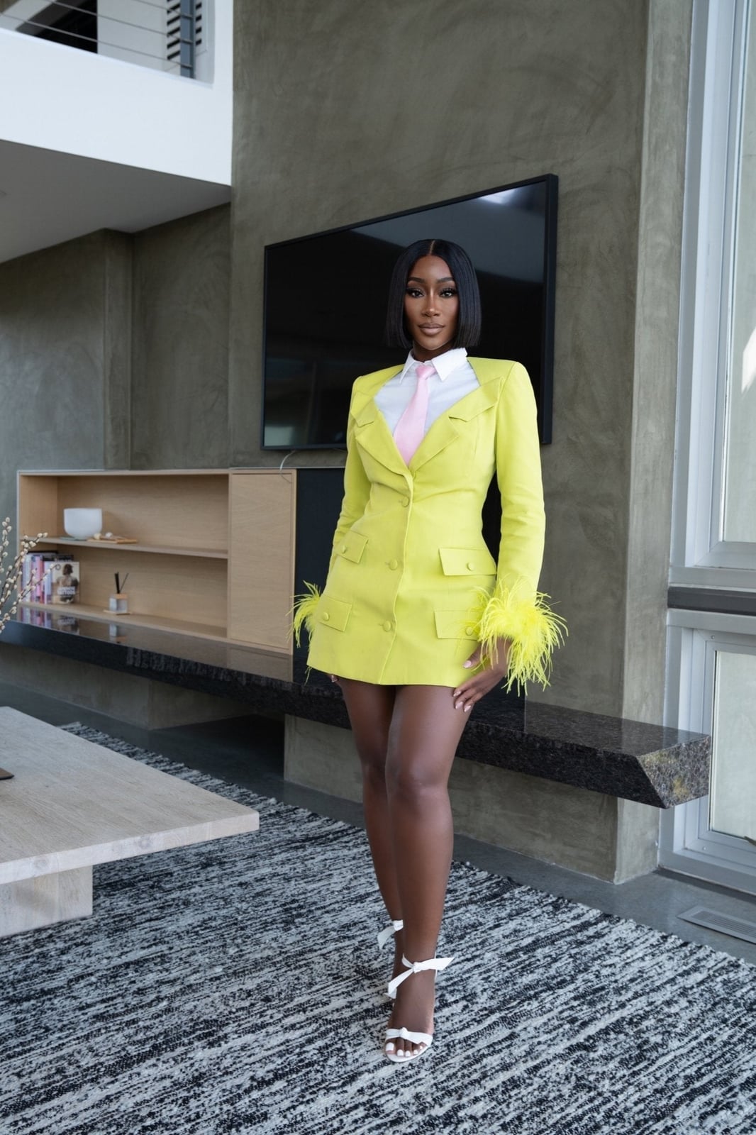 Lime Green Blazer Dress with Feather Trim and Pink Tie Lime Green Blazer Dress with Feather Trim and Pink Tie — Classy Lime Dress