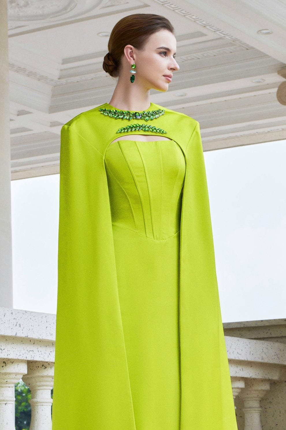 Lime Satin Gown with Dramatic Cape and Jeweled Collar Lime Satin Gown with Dramatic Cape and Jeweled Collar — Classy Lime Dress