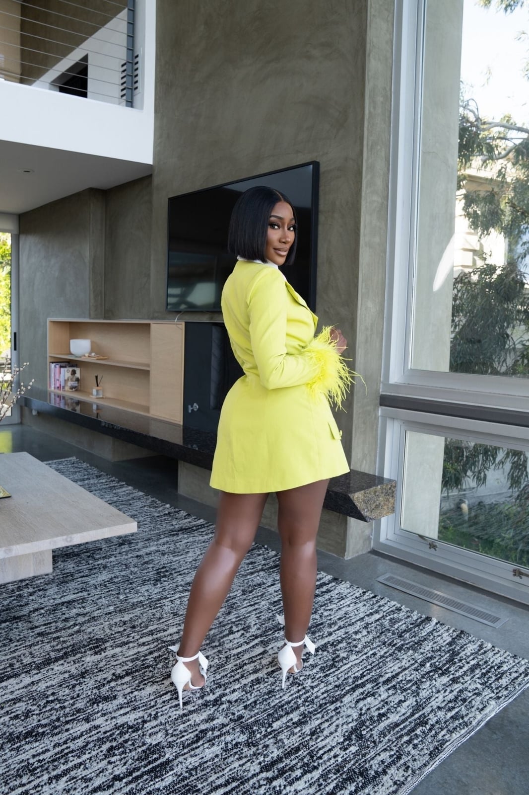 Lime Yellow Fitted Blazer Dress with Feather Trim Lime Yellow Fitted Blazer Dress with Feather Trim — Classy Lime Dress