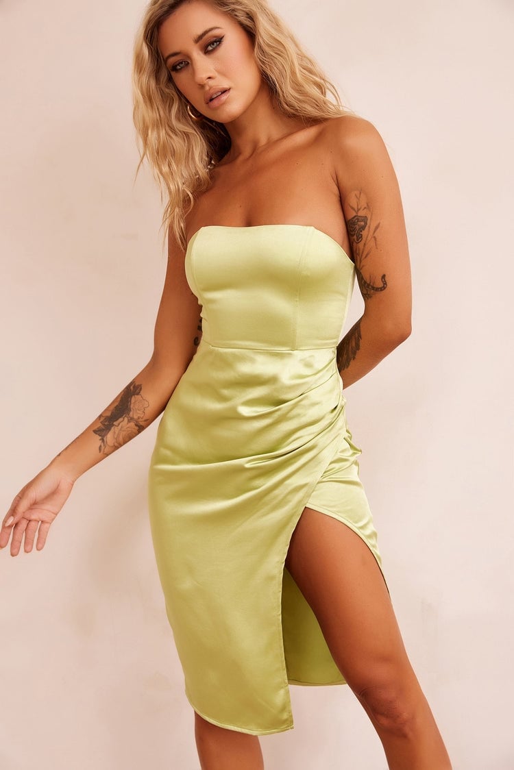 Lime Green Satin Midi Dress with Draped Bodice Lime Green Satin Midi Dress with Draped Bodice — Classy Lime Dress