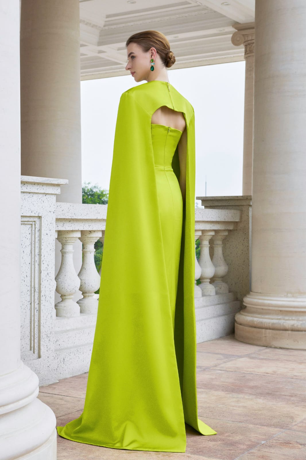 Lime Satin Gown with Back Cutout and Cape Lime Satin Gown with Back Cutout and Cape — Classy Lime Dress