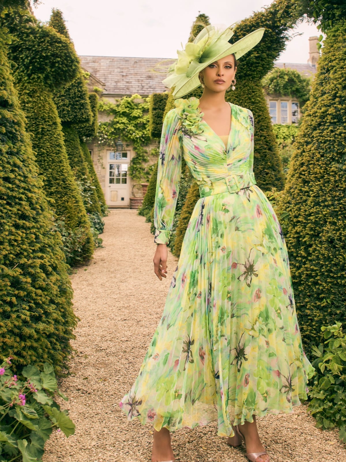 Lime Floral Print Pleated Chiffon Maxi Dress, Close-Up Take Lime Floral Print Pleated Chiffon Maxi Dress, Close-Up Take — Classy Lime Dress