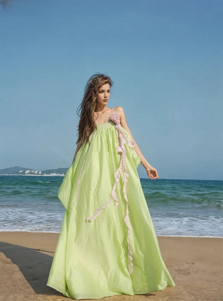 Oversized Lime Maxi Dress with Floral Embellishment and Thin Necklace Oversized Lime Maxi Dress with Floral Embellishment and Thin Necklace — Classy Lime Dress