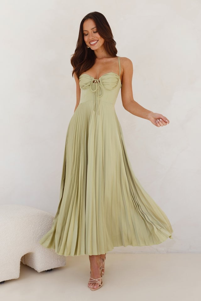 Lime Midi Dress with Spaghetti Straps and Pleated Skirt, Close-Up Take Lime Midi Dress with Spaghetti Straps and Pleated Skirt, Close-Up Take — Classy Lime Dress