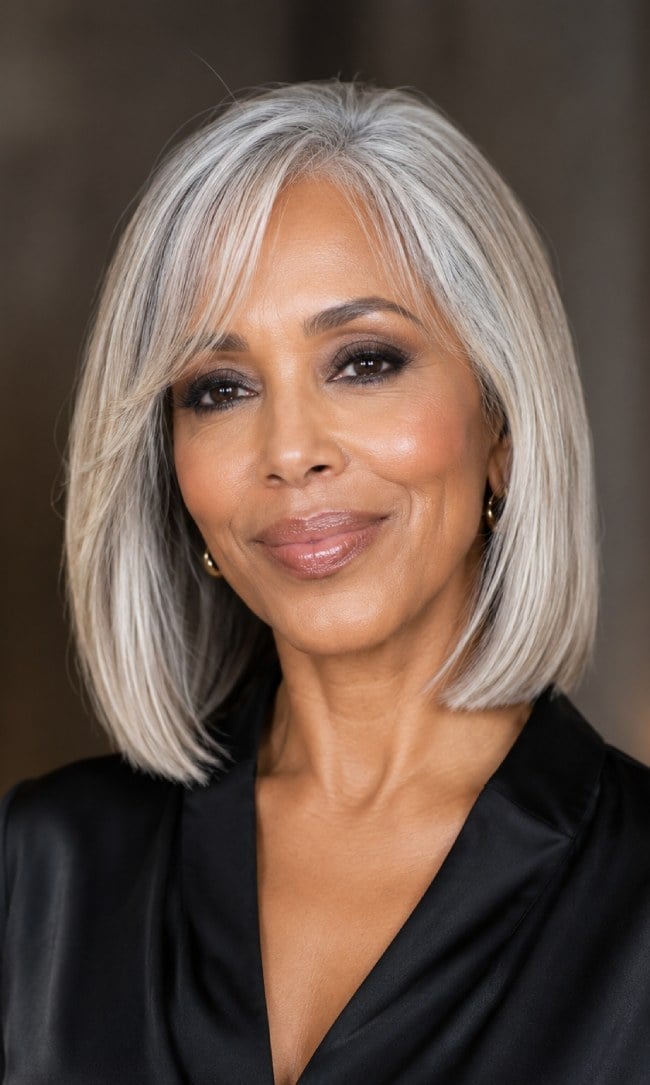Silver Blunt Bob Haircut for Straight Hair: A Chic Choice for Oval Face Shapes Over 60