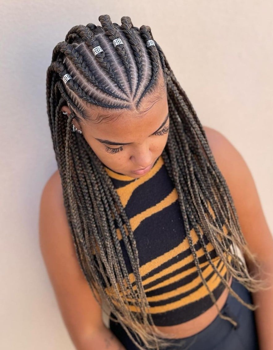 Grey Brown Box Braids Geometric Cornrows — Classy Long Braids