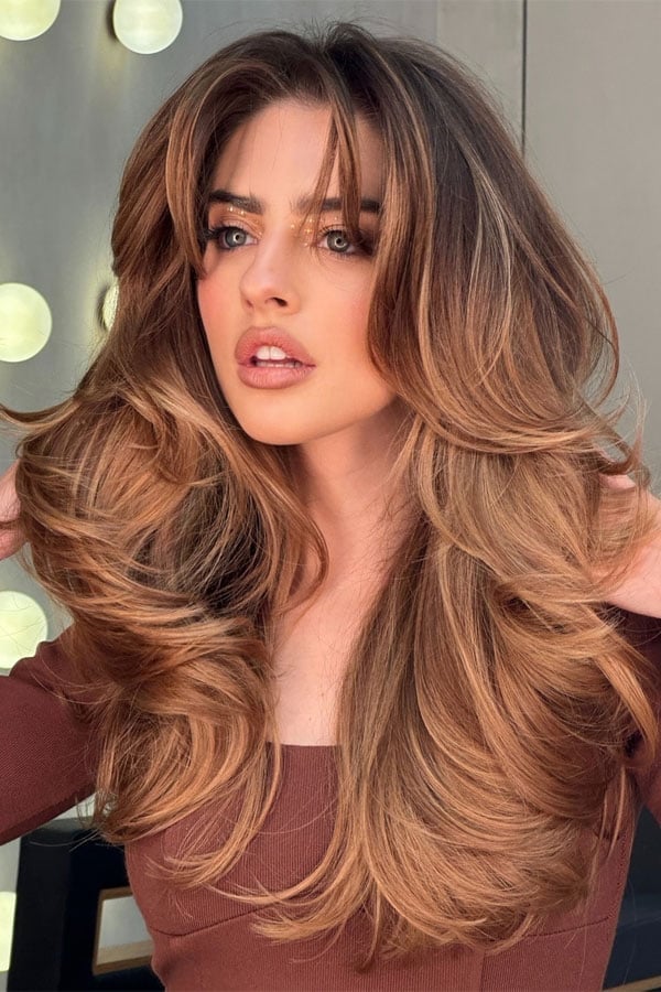 Mid-Back Honey Blonde Balayage With Bangs — Classy Long Haircuts