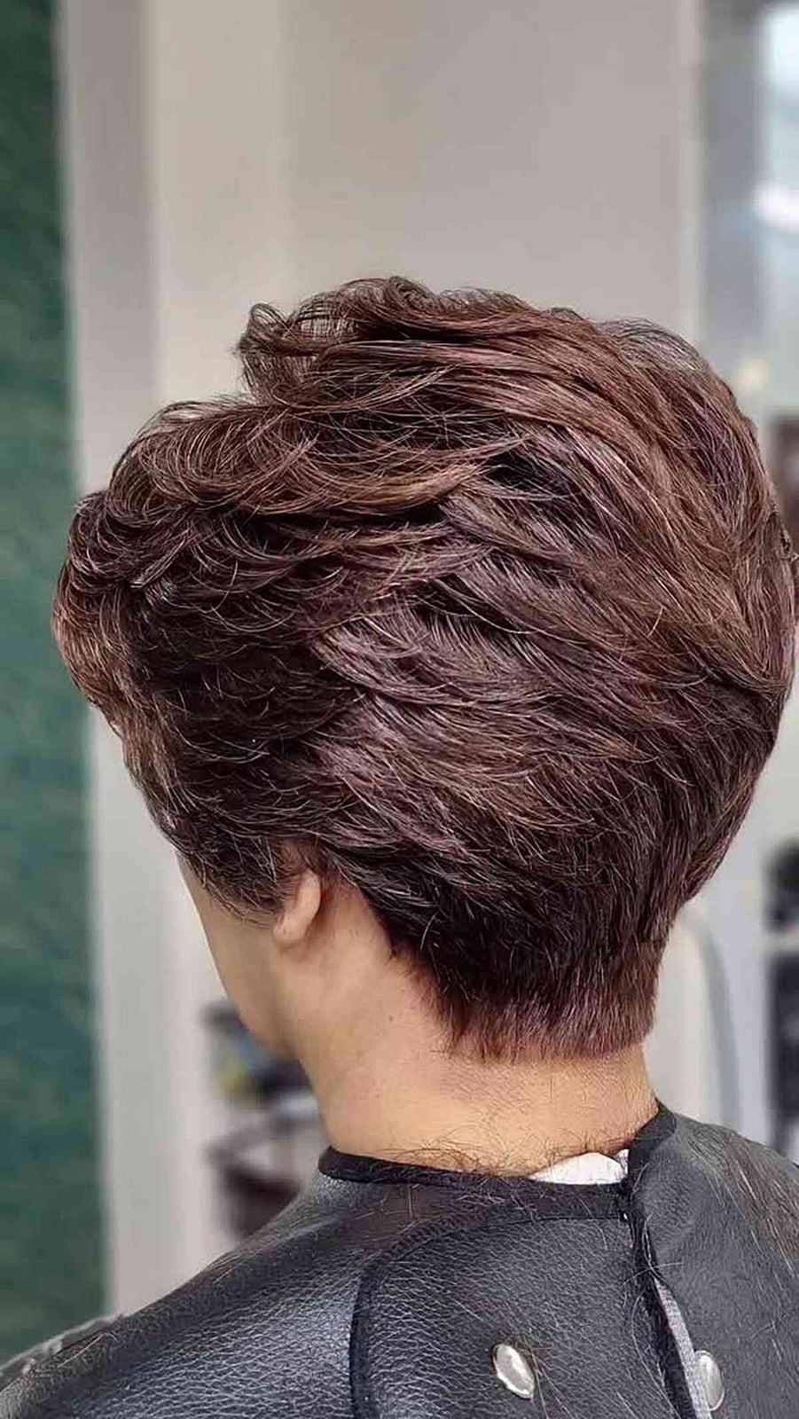 Layered Dark Brown Pixie Back View Layered Dark Brown Pixie Back View — Classy Long Pixie