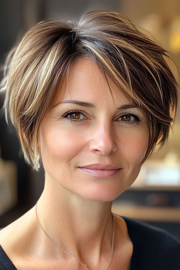 Tousled Brown Pixie with Wispy Bangs, ухо Tousled Brown Pixie with Wispy Bangs, ухо — Classy Long Pixie