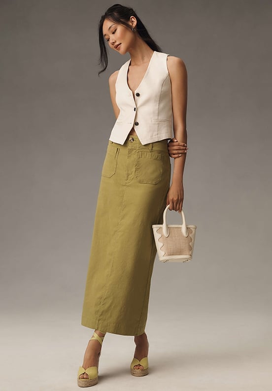 Casual Olive Green Maxi Skirt with Vest Casual Olive Green Maxi Skirt with Vest — Classy Long Skirt Outfits