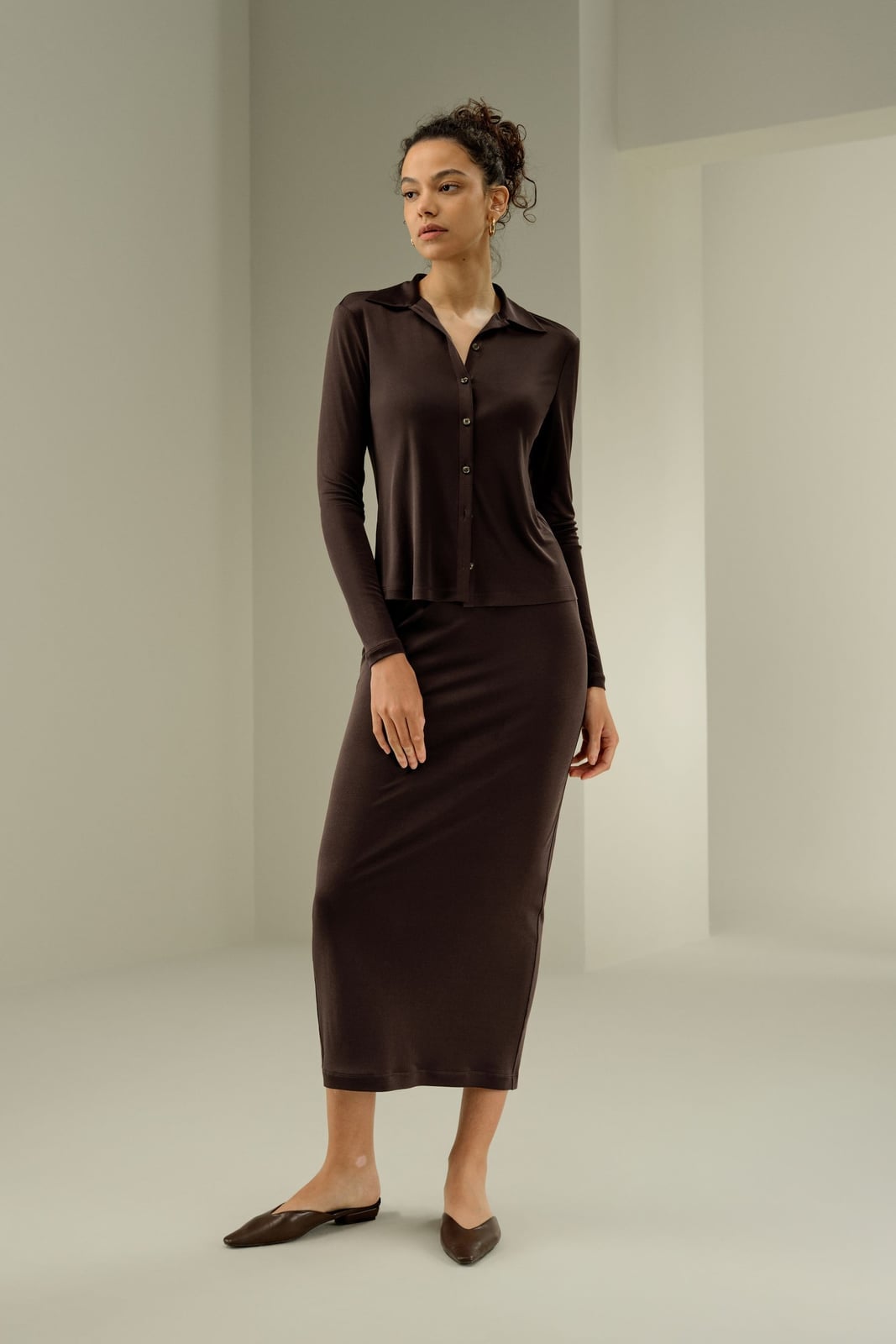 Deep Brown Knit Set Midi Skirt Deep Brown Knit Set Midi Skirt — Classy Long Skirt Outfits