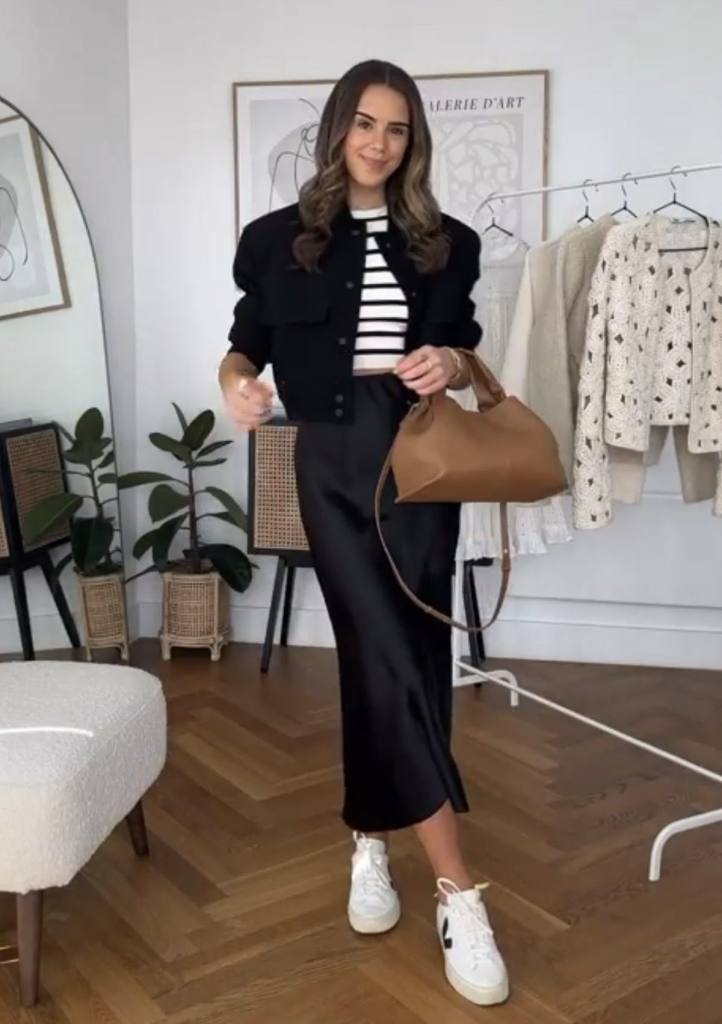 Casual Black Satin Midi Skirt with Sneakers Casual Black Satin Midi Skirt with Sneakers — Classy Long Skirt Outfits