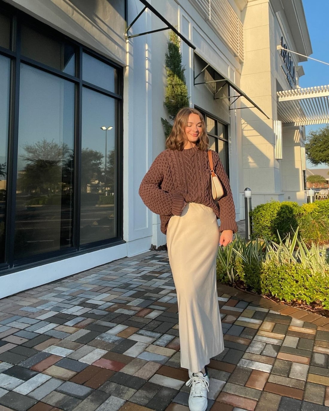 Casual Beige Satin Maxi Skirt with Knit Sweater Casual Beige Satin Maxi Skirt with Knit Sweater — Classy Long Skirt Outfits