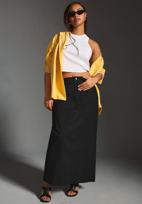 Casual Black Denim Maxi Skirt with Yellow Blazer Casual Black Denim Maxi Skirt with Yellow Blazer — Classy Long Skirt Outfits