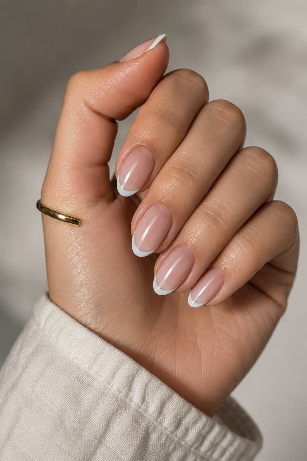 Short Oval Sheer Nude With White French Tips Short Oval Sheer Nude With White French Tips — Classy Looks Nail