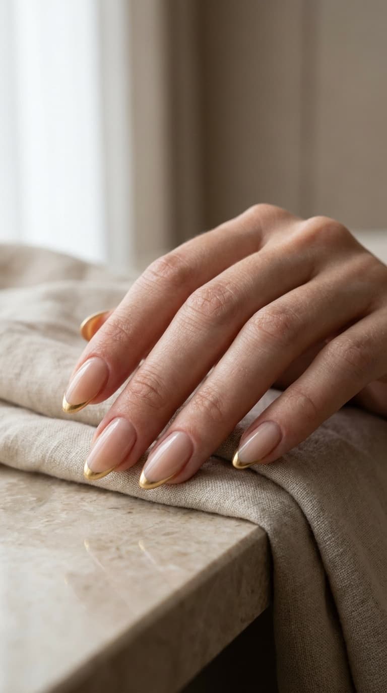 Medium Soft Square Nude With Gold Line Accent Medium Soft Square Nude With Gold Line Accent — Classy Looks Nail