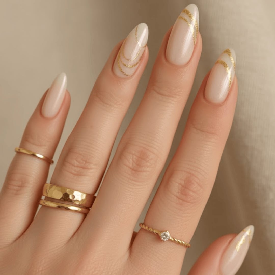 Medium Almond Gold Foil Line Art Nails Medium Almond Gold Foil Line Art Nails — Classy Looks Nail