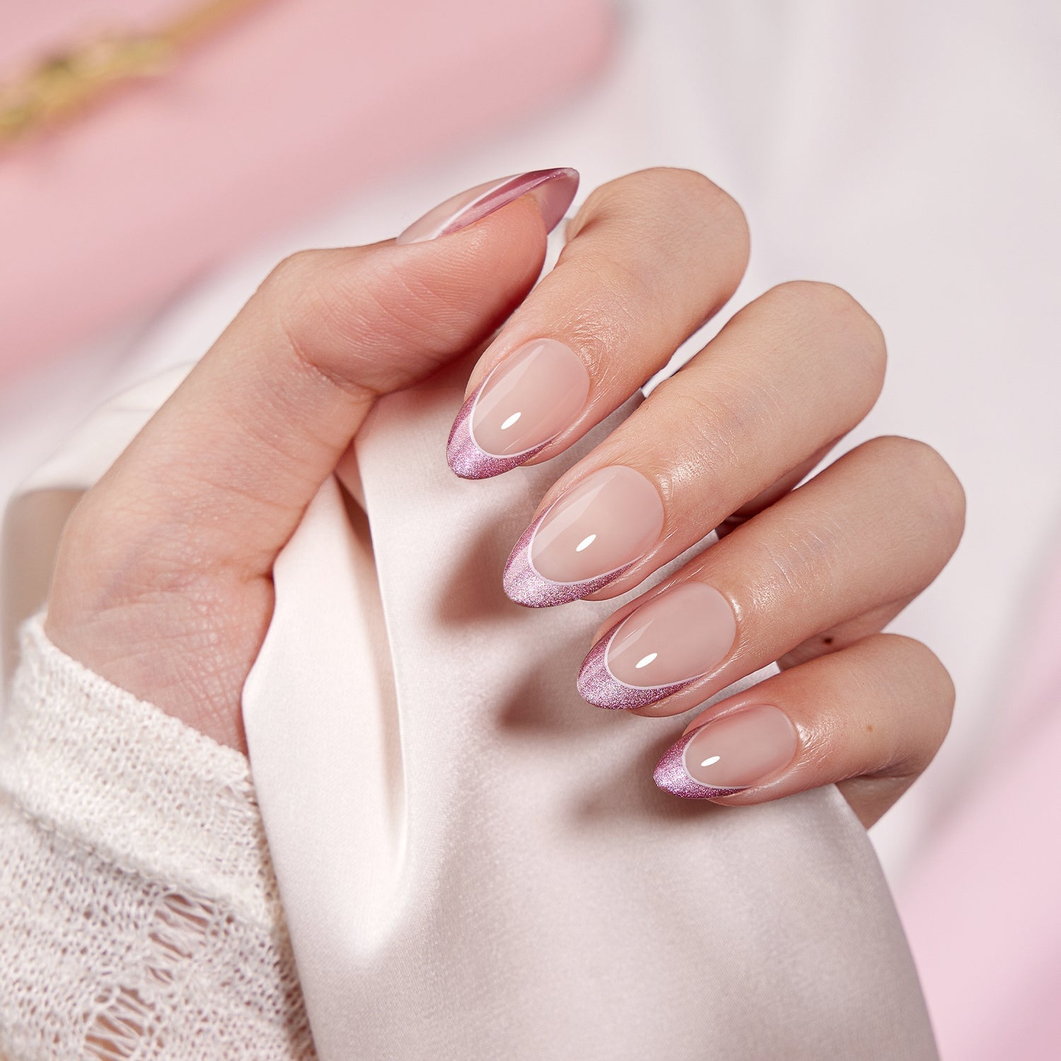 Medium Oval Sheer Nude With Metallic Pink French Medium Oval Sheer Nude With Metallic Pink French — Classy Looks Nail