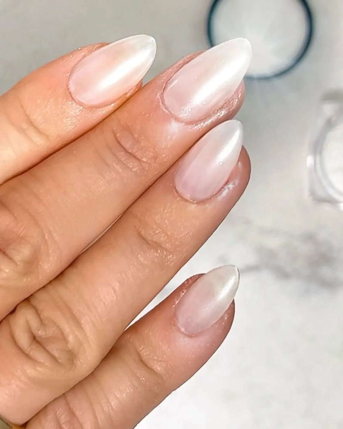 Medium Almond Sheer Milky White Pearlescent Nails Medium Almond Sheer Milky White Pearlescent Nails — Classy Looks Nail