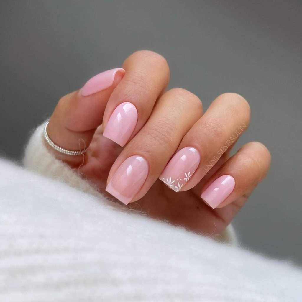 Short Square Light Pink Floral Accent Nails Short Square Light Pink Floral Accent Nails — Classy Looks Nail
