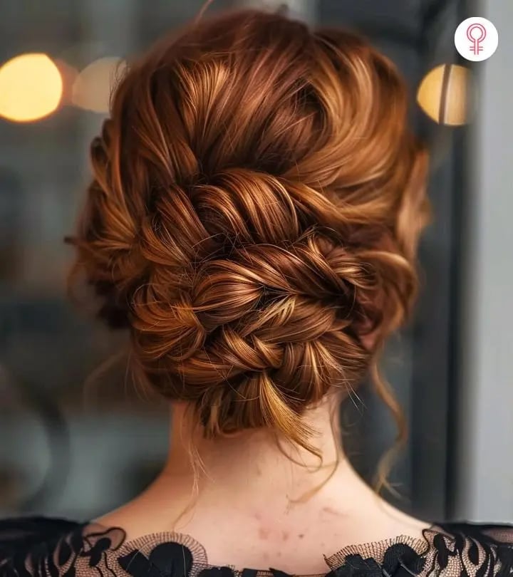 Warm Brown Braided Updo With Copper Highlights Warm Brown Braided Updo With Copper Highlights — Classy Loose Updo