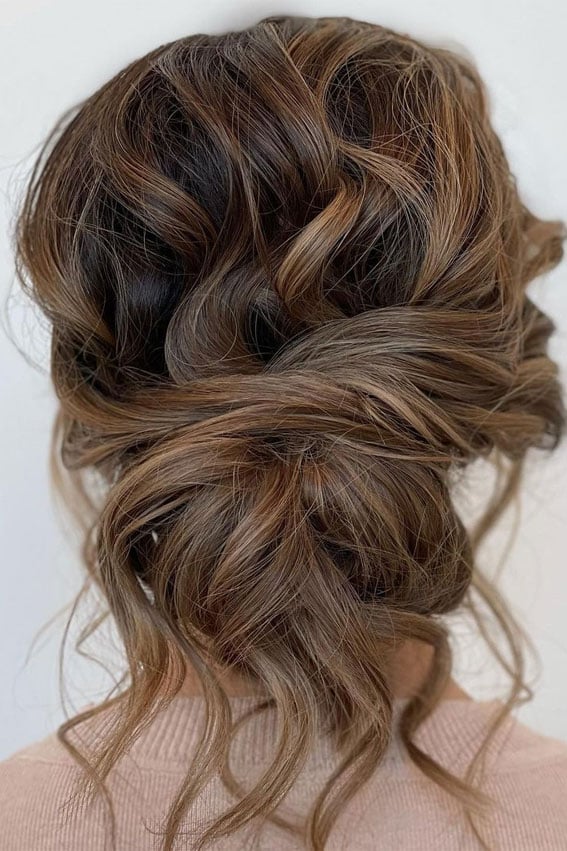Dark Brown Updo With Caramel Highlights and Curtain Bangs Dark Brown Updo With Caramel Highlights and Curtain Bangs — Classy Loose Updo