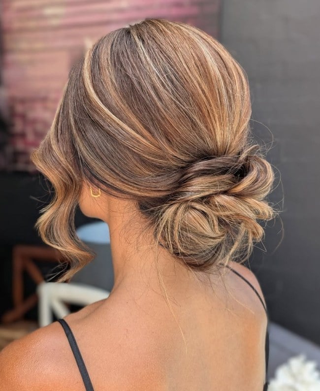Honey Blonde Textured Low Bun With Tendrils Honey Blonde Textured Low Bun With Tendrils — Classy Low Bun Wedding Hair