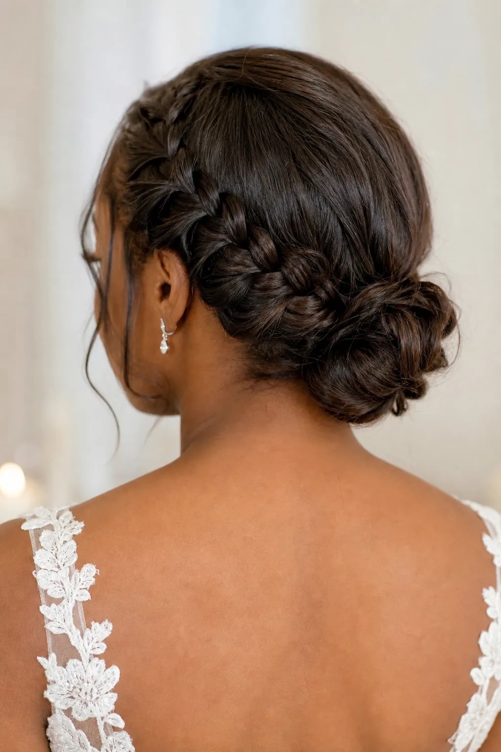 Dark Brown Low Updo With Braided Accent Dark Brown Low Updo With Braided Accent — Classy Low Bun Wedding Hair
