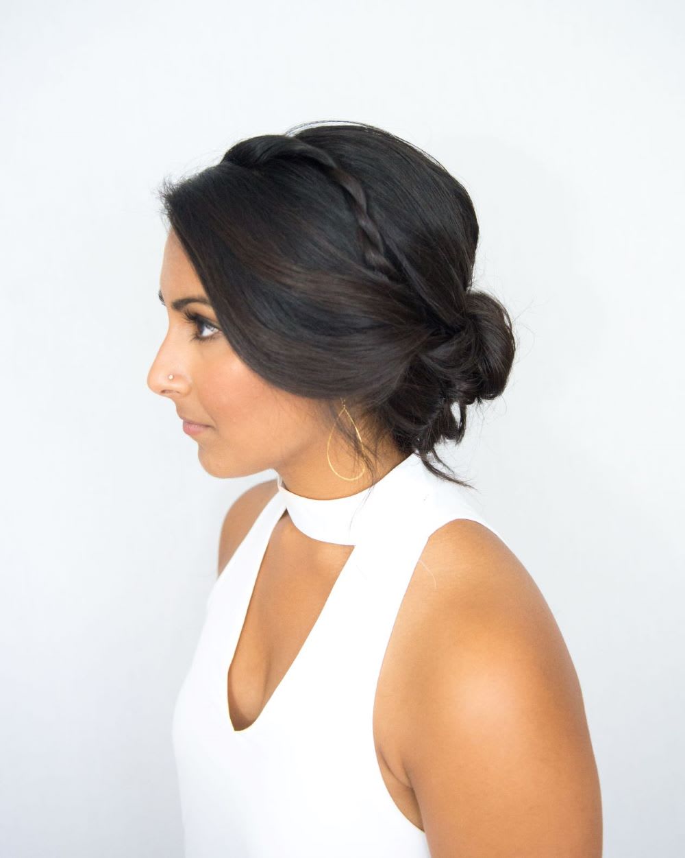 Dark Brown Updo With Braided Crown, Mid-Back Dark Brown Updo With Braided Crown, Mid-Back — Classy Low Bun Wedding Hair