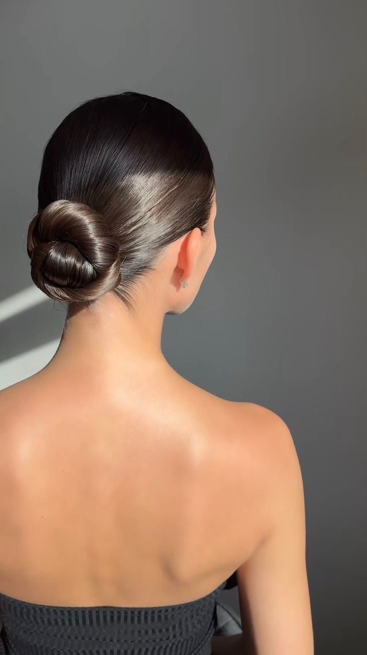 High-Gloss Dark Brown Sleek Low Bun High-Gloss Dark Brown Sleek Low Bun — Classy Low Bun Wedding Hair