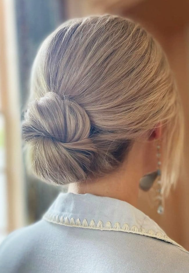 Ash Blonde Smooth Twisted Low Bun, Collarbone Ash Blonde Smooth Twisted Low Bun, Collarbone — Classy Low Bun Wedding Hair
