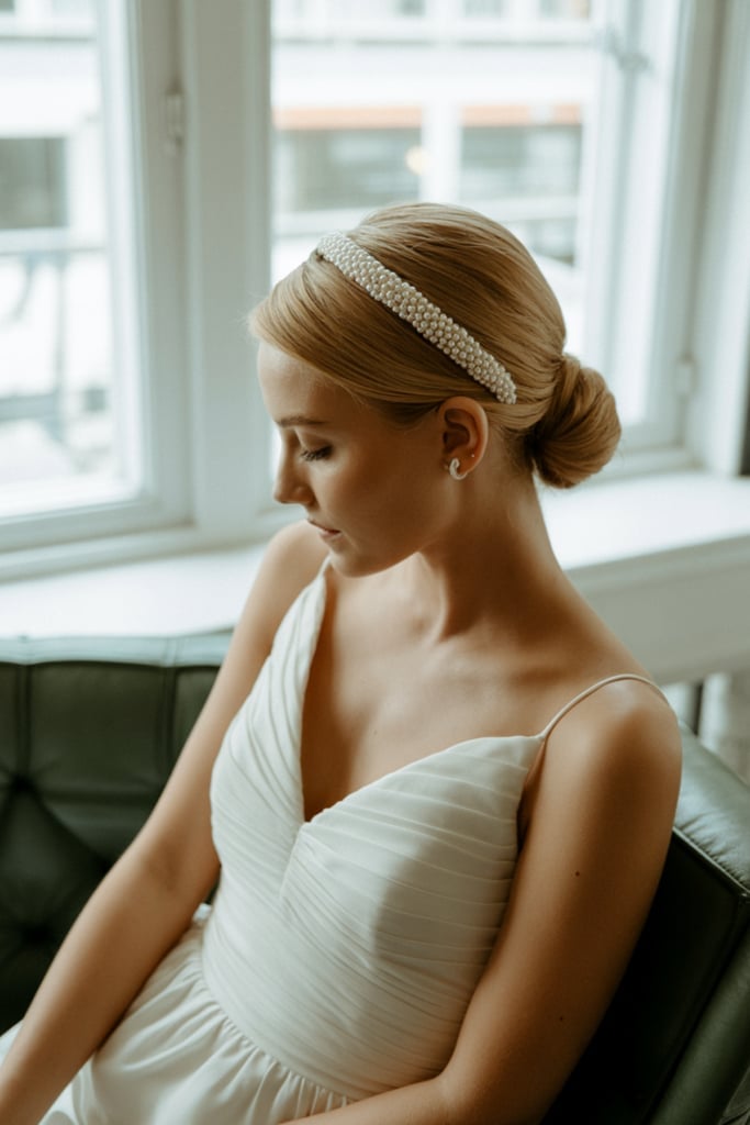 Blonde Sleek Low Bun With Headband Blonde Sleek Low Bun With Headband — Classy Low Bun Wedding Hair
