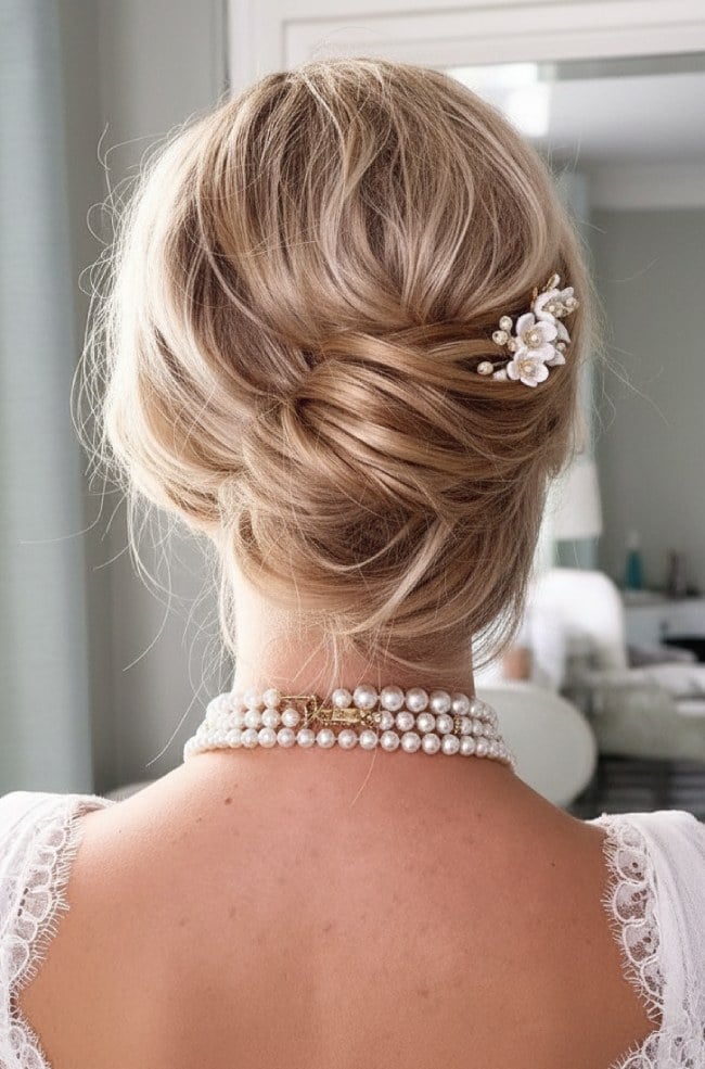 Blonde Twisted Low Updo With Pearl Accessory Blonde Twisted Low Updo With Pearl Accessory — Classy Low Bun Wedding Hair