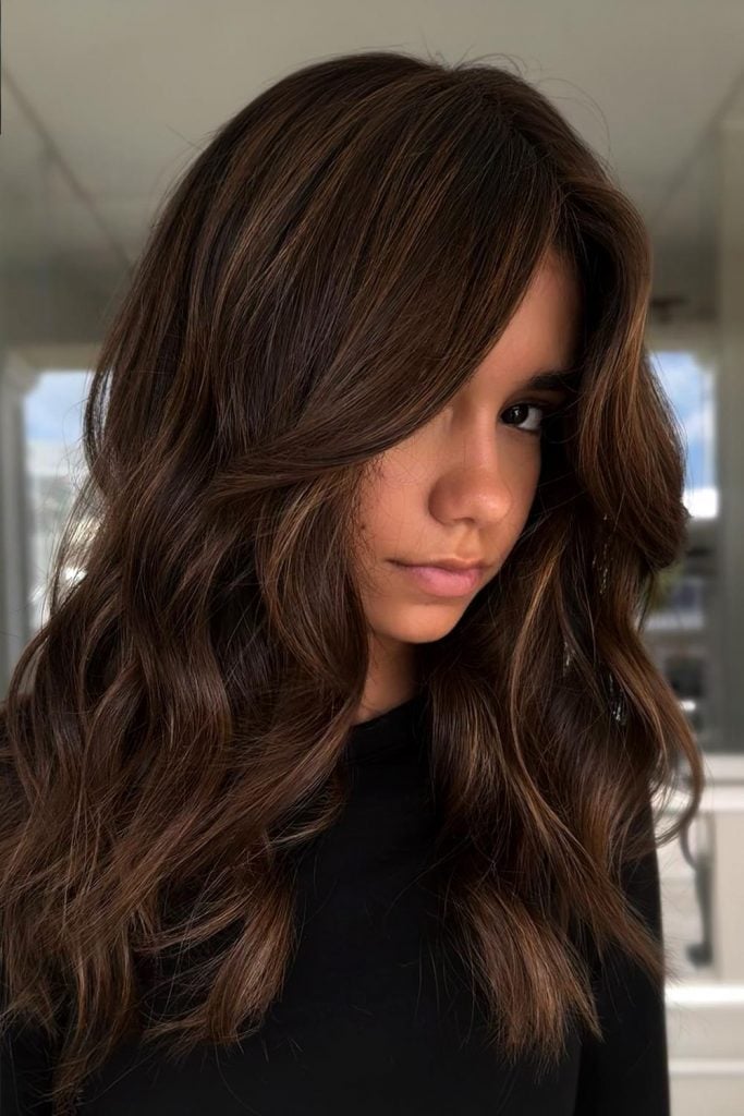 Mid-Back Dark Brown With Dark Blonde Lowlights and Side-Swept Bangs — Classy Lowlights for Brunettes