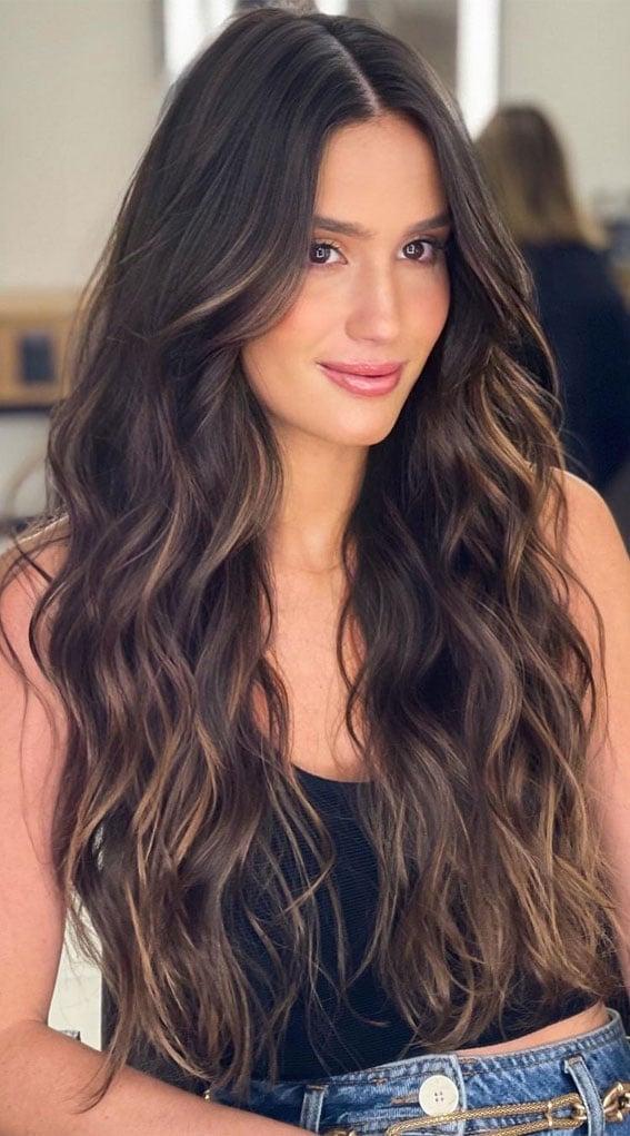 Mid-Back Dark Brown With Caramel And Chocolate Lowlights — Classy Lowlights for Brunettes