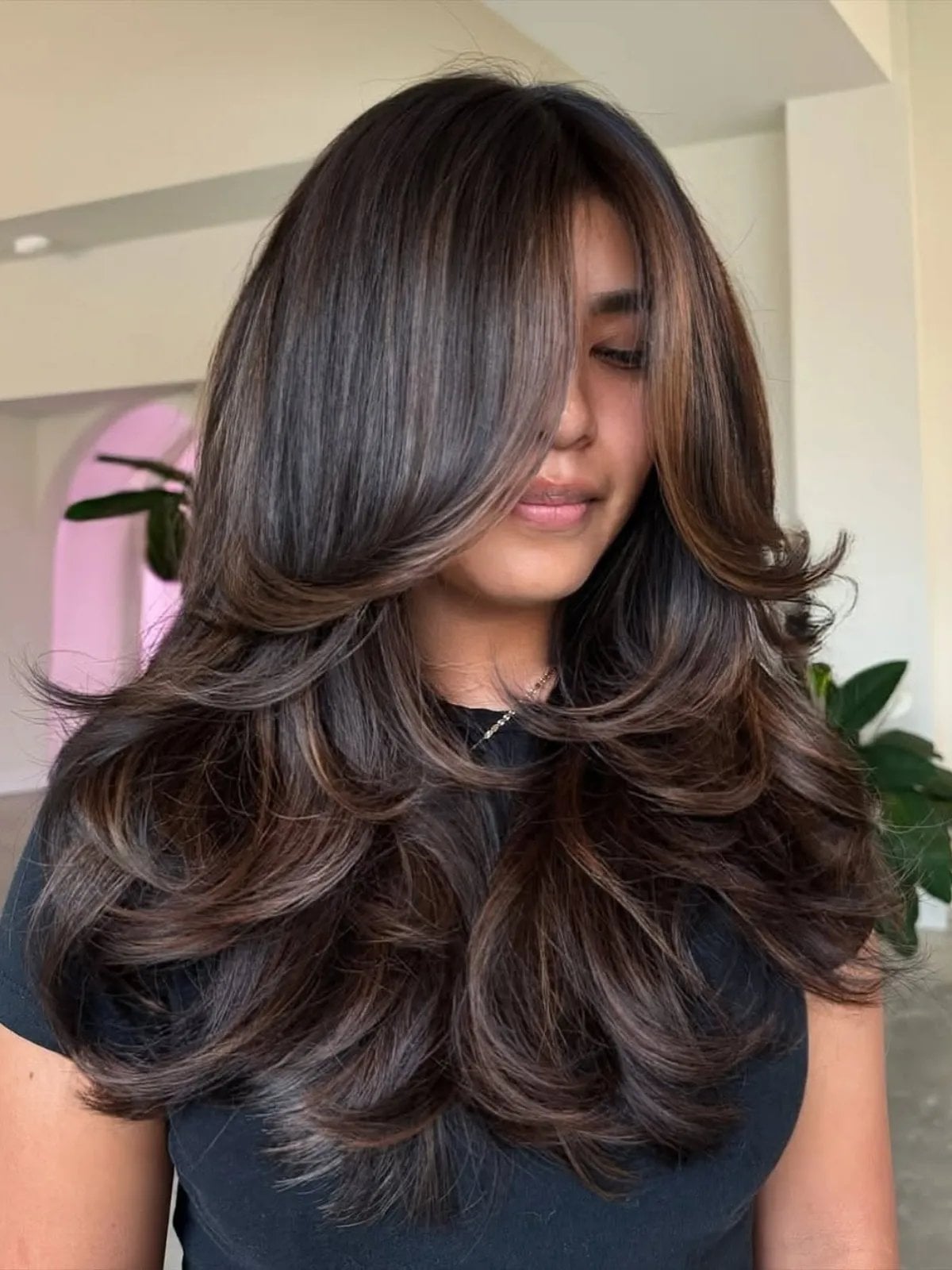 Long Mocha Brown With Lighter Brown Highlights — Classy Lowlights for Brunettes