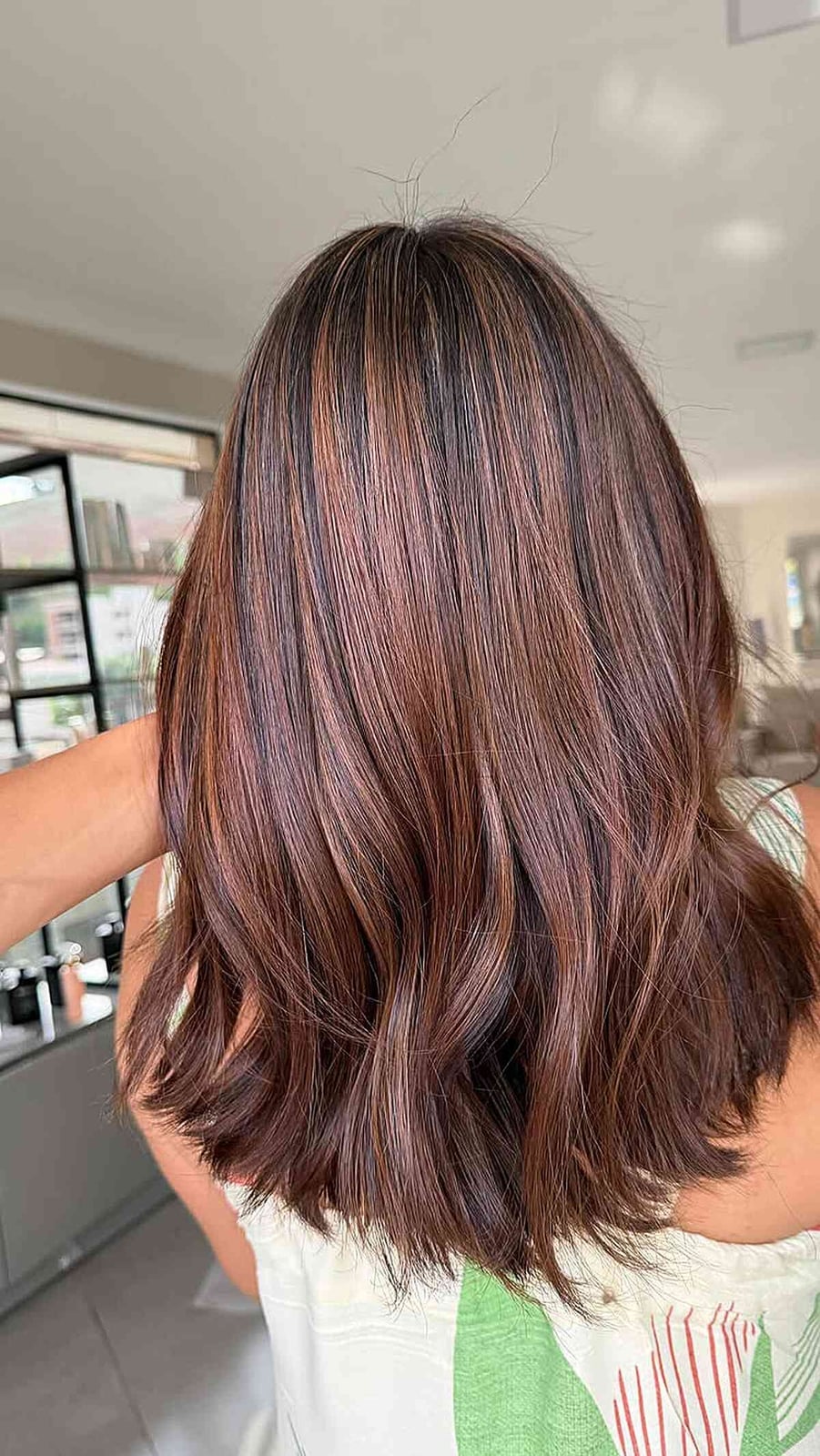 Collarbone Dark Brown With Copper And Caramel Highlights — Classy Lowlights for Brunettes