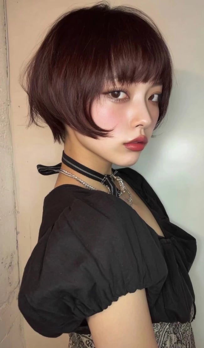 30 Chic Short Haircuts That Make Styling Effortless : Mahogany French Bob with Blunt Micro Bangs