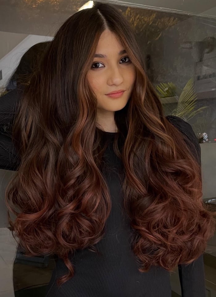 Mid-Back Voluminous Lob With Warm Undertones Mid-Back Voluminous Lob With Warm Undertones — Classy Mahogany Hair