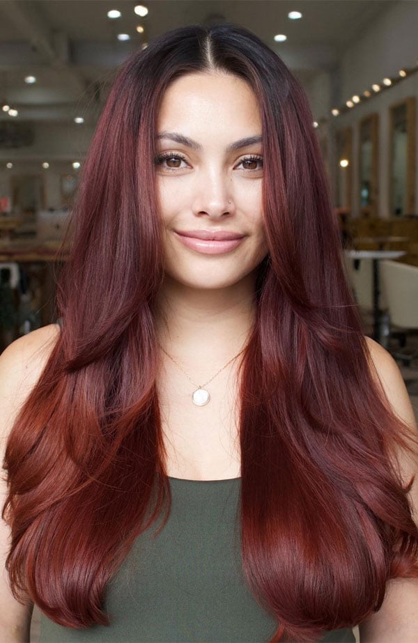 Long Layered Mahogany With Curtain Bangs And Highlights Long Layered Mahogany With Curtain Bangs And Highlights — Classy Mahogany Hair
