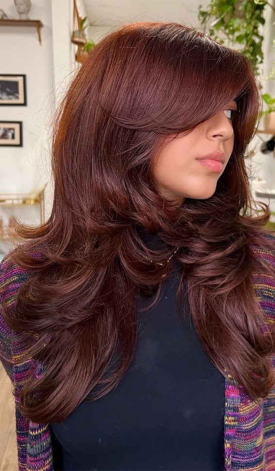 Voluminous Mid-Back Mahogany With Curls And Side Part Voluminous Mid-Back Mahogany With Curls And Side Part — Classy Mahogany Hair
