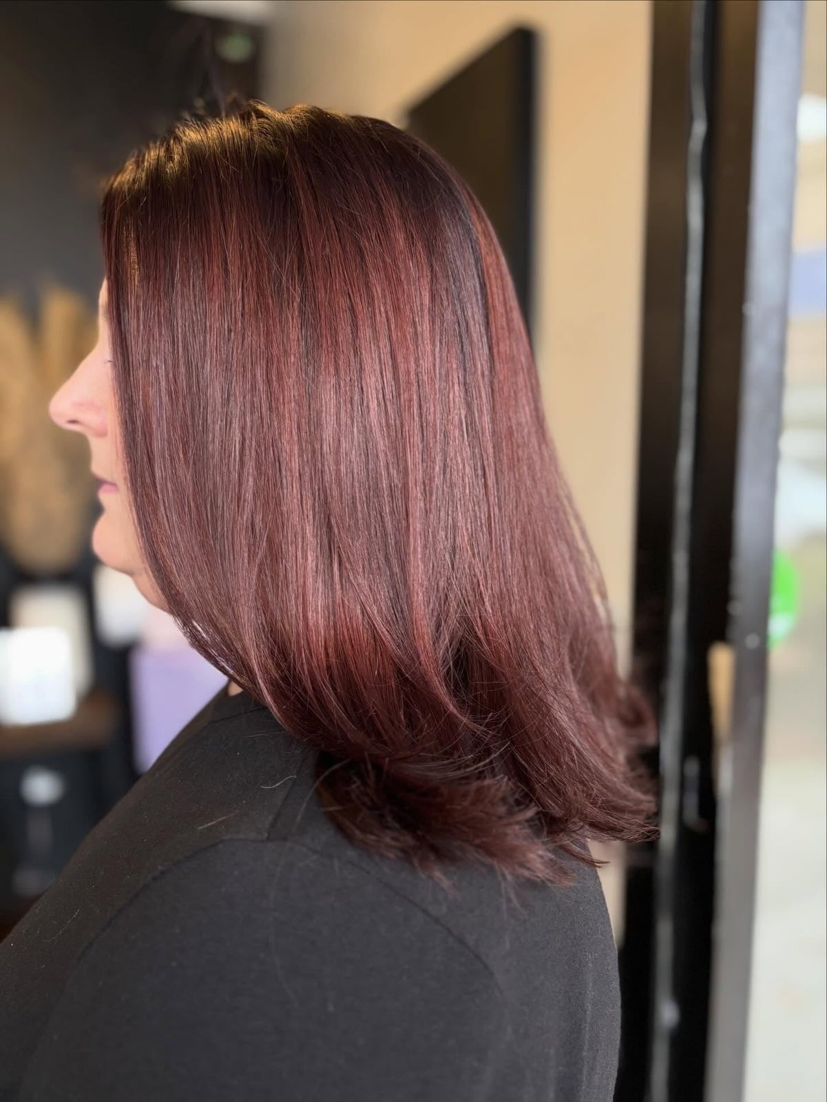 Deep Mahogany Angled Bob With Soft Curl Deep Mahogany Angled Bob With Soft Curl — Classy Mahogany Hair