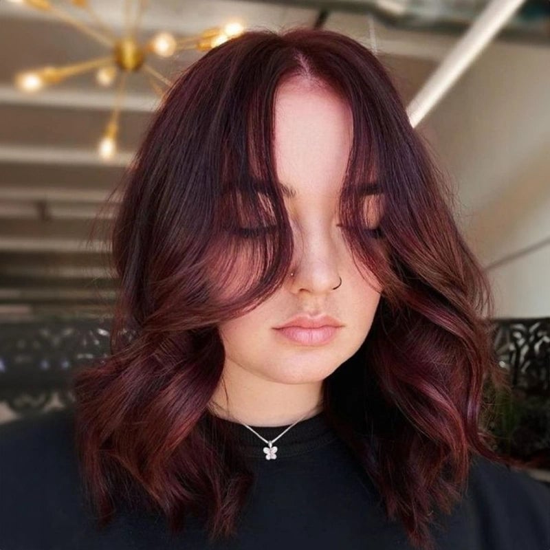 Mahogany Lob With Curtain Bangs Mahogany Lob With Curtain Bangs — Classy Mahogany Hair