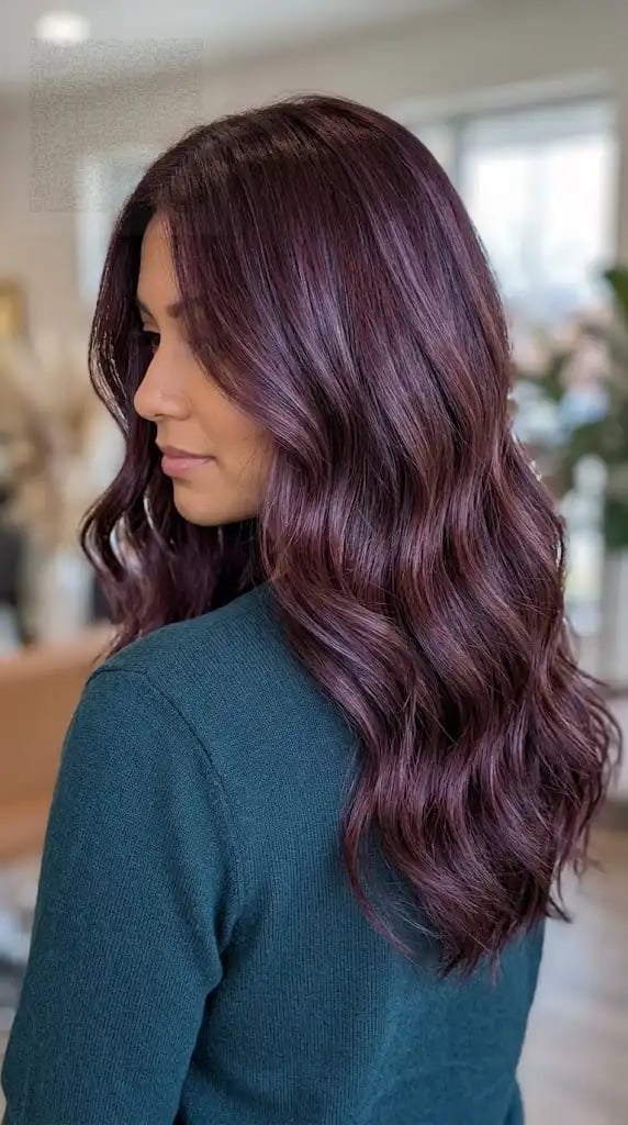 Collarbone Lob With Soft Waves And Violet Undertones Collarbone Lob With Soft Waves And Violet Undertones — Classy Mahogany Hair