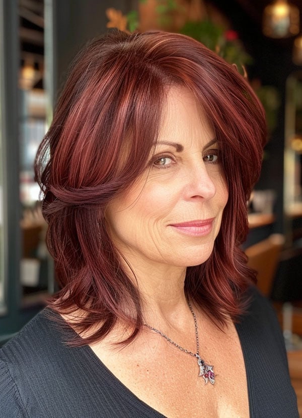 Medium Layered Mahogany With Side Swept Bangs Medium Layered Mahogany With Side Swept Bangs — Classy Mahogany Hair