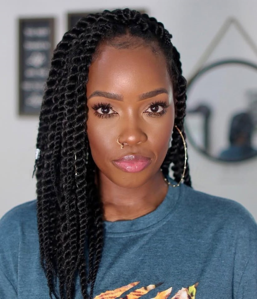 Large Black Twists With Dark Brown Highlights Large Black Twists With Dark Brown Highlights — Classy Marley Twists Hairstyles