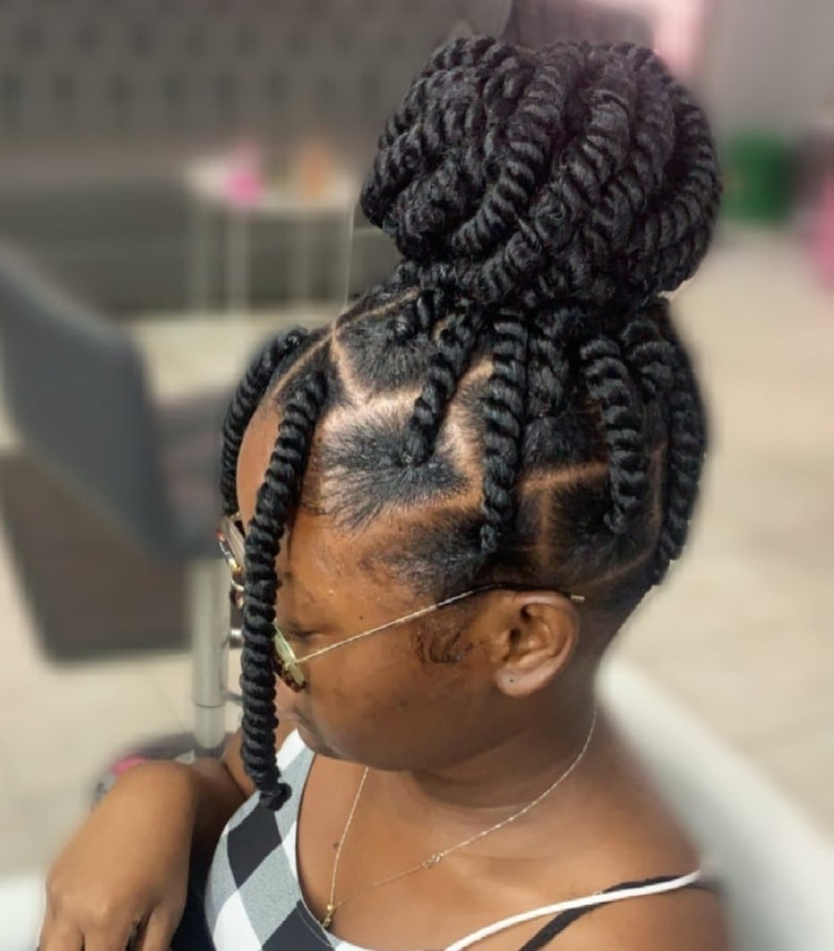 Large Black Twisted Bun High On Head Large Black Twisted Bun High On Head — Classy Marley Twists Hairstyles